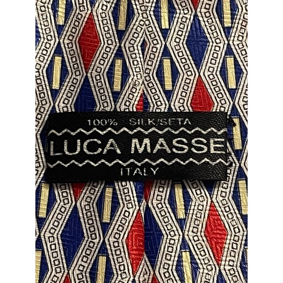 Luca‎ Masse 100% Silk Mens Tie With Red & Blue Geometric Pattern 4” W x 57” L - Picture 6 of 10